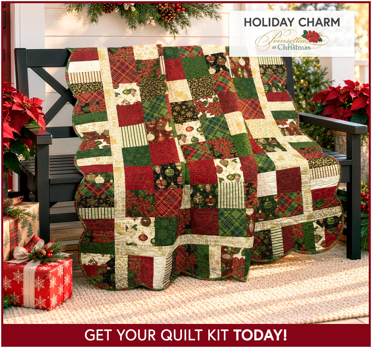 Holiday Charm Quilt Kit - Poinsettias at Christmas
