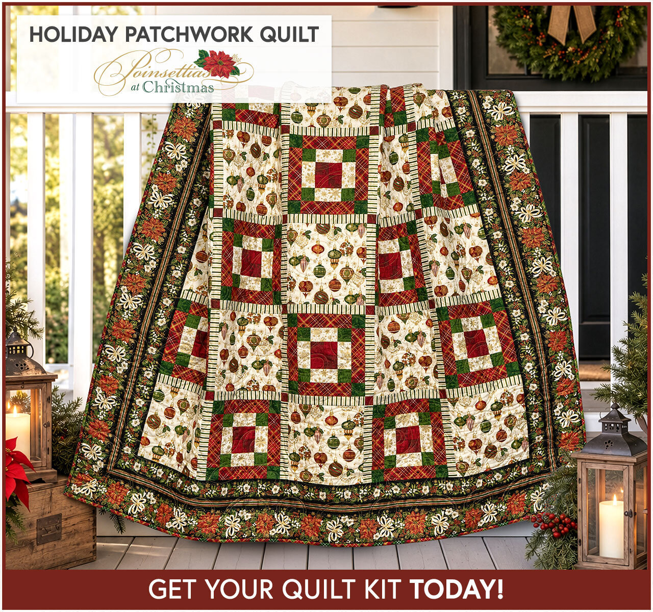 Holiday Patchwork Quilt - Poinsettias at Christmas