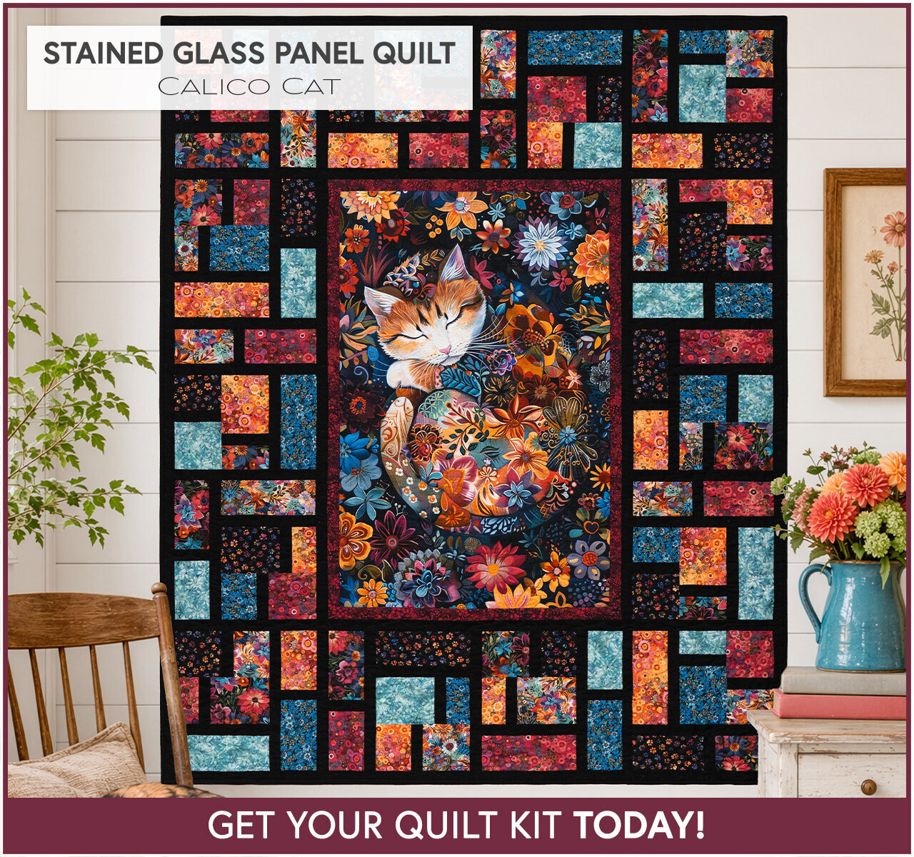 Stained Glass Panel Quilt Kit - Calico Cat