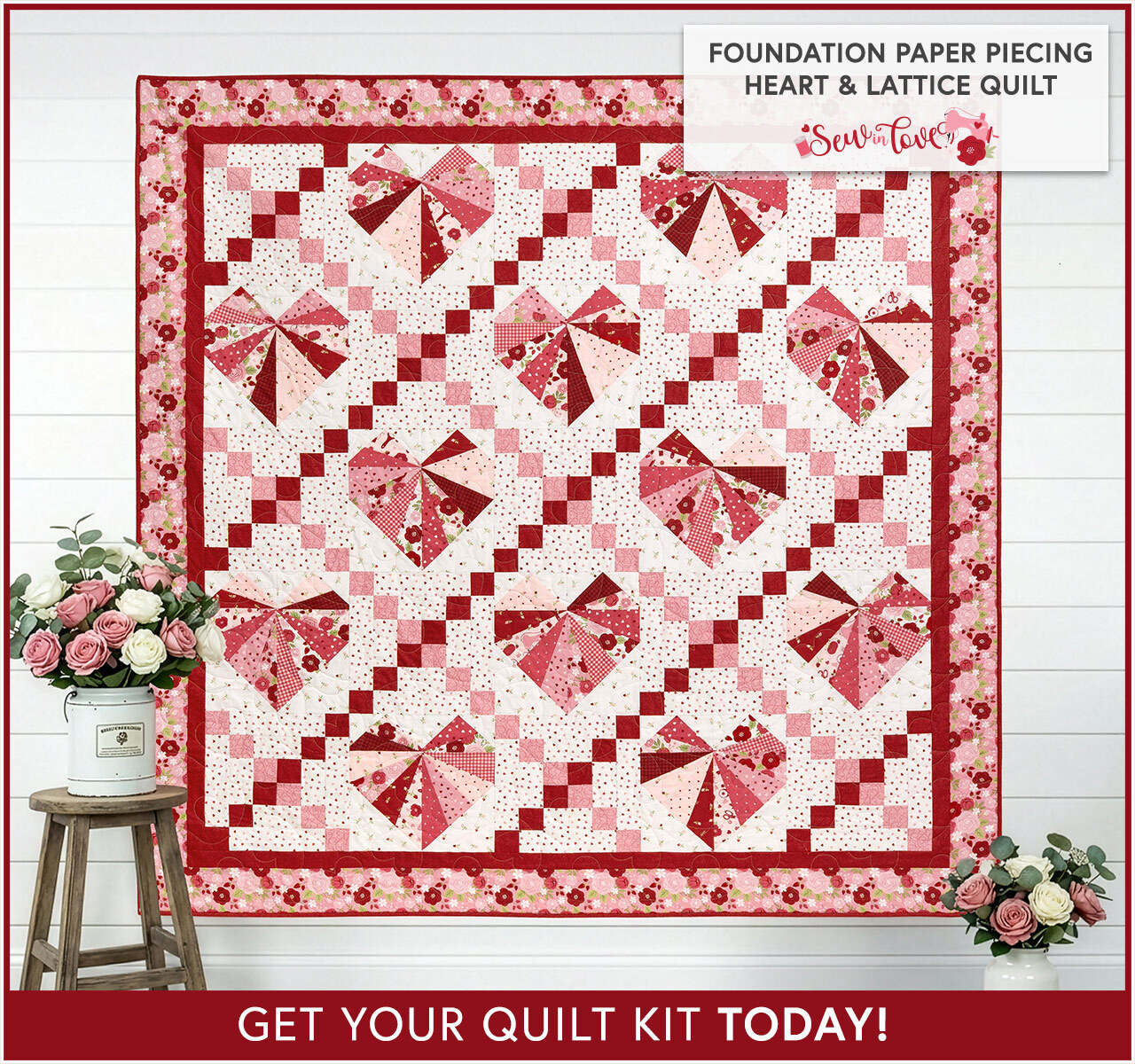 Foundation Paper Piecing Heart & Lattice Quilt Kit - Sew In Love - RESERVE