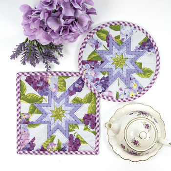 Folded Star Hot pad Kit - Hydrangeas in the Garden - Round OR Square - Periwinkle