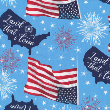 One Nation 111-78 Blue Tossed Map and Flag by Jessica Mundo for Henry Glass Fabrics, Image