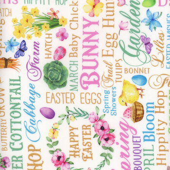 Cottontail Farms 14401-09 Springtime Words White by Nicole Decamp for Benartex, Image