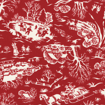 Winter in Snowtown 1226-88 Red Winter Scene Toile by Stacy West for Henry Glass Fabrics, Image