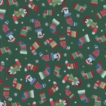 Winter Waddles WWAD5427-DG Penguins Green by Sally Darby for P&B Textiles, Image