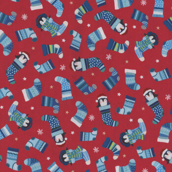 Winter Waddles WWAD5427-R Penguins Red by Sally Darby for P&B Textiles, Image