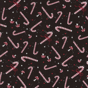 Our Gnome to Yours 56084-913 Candy Canes & Mushrooms Black by LoriLynn Simms for Wilmington Prints REM, Image