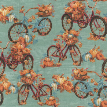 Pumpkin Please 3WI22207-TRQ Fall Bikes by Courtney Morgenstern for 3 Wishes Fabric, Image