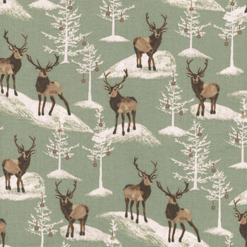 Christmas in the Country 22285 Sage Reindeer Forest by Elaine Kay for 3 Wishes Fabric, Image