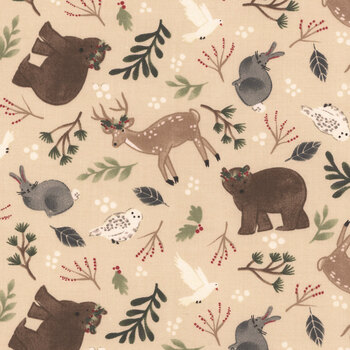 Christmas in the Country 22287 Beige Country Critters by Elaine Kay for 3 Wishes Fabric, Image