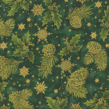 Stof Christmas - Star-Glitter 4591-002 Green/Gold Holly by Stof Fabrics, Image