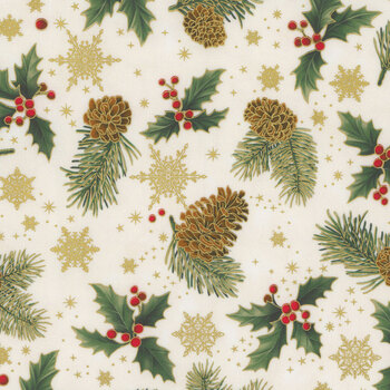 Stof Christmas - Star-Glitter 4591-003 Cream/Gold Holly by Stof Fabrics, Image