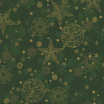 Stof Christmas - We Love Christmas 4591-800 Green/Gold Snow Crystal by Stof Fabrics, Image