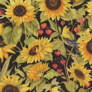 Sunflower Splendor 83327-957 Sunflowers & Birds All Over Black by Susan Winget for Wilmington Prints, Image