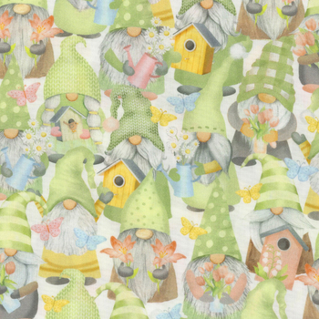 Gnome Grown GAIL-CD2002 GREEN Spring Gnomes and Bird Cage by Gail Cadden for Timeless Treasures Fabrics, Image