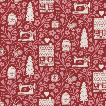 Cozy House A-1251-R Garnet by Judy Jarvi for Andover Fabrics, Image