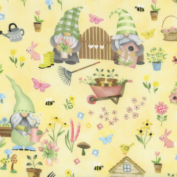 Gnome Grown CD3073 Garden Scene by Gail Cadden for Timeless Treasures Fabrics, Image