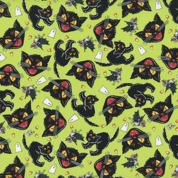 Spooky Cute Halloween PWMY004.LIME Cat and Mouse by Mary Engelbreit for FreeSpirit Fabrics, Image