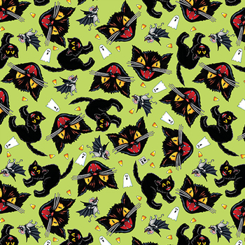 Spooky Cute Halloween PWMY004.LIME Cat and Mouse by Mary Engelbreit for FreeSpirit Fabrics, Image