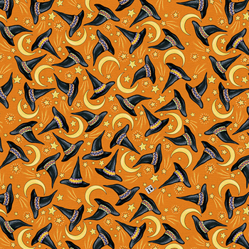 Spooky Cute Halloween PWMY010.ORANGE Hats and Moons by Mary Engelbreit for FreeSpirit Fabrics, Image