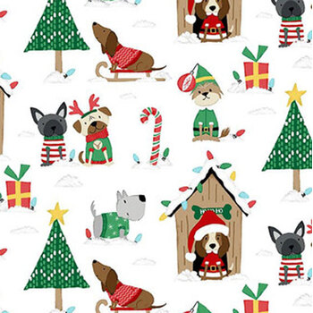 Merry Woof-Mas 8352-06 White by Sweet Cee Creative for Studio E Fabrics, Image