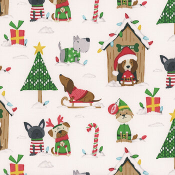 Merry Woof-Mas 8352-06 White by Sweet Cee Creative for Studio E Fabrics, Image