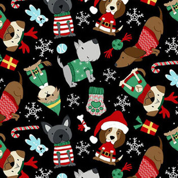 Merry Woof-Mas 8353-99 Black by Sweet Cee Creative for Studio E Fabrics, Image