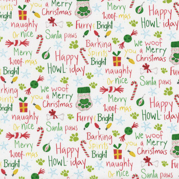 Merry Woof-Mas 8356-08 White by Sweet Cee Creative for Studio E Fabrics, Image