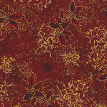 Stof Christmas 2025 - Christmas Stars 4592-001 Red/Gold Holly and Mistletoe by Stof Fabrics, Image