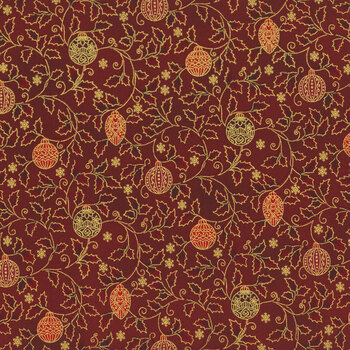 Stof Christmas 2025 - Christmas Stars 4592-003 Red/Gold Holly and Christmas Ball by Stof Fabrics, Image