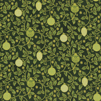 Stof Christmas 2025 - Christmas Stars 4592-008 Green/Gold Holly and Christmas Ball by Stof Fabrics, Image