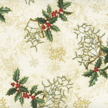 Stof Christmas 2025 - Christmas Stars 4592-011 Cream/Gold Holly and Mistletoe by Stof Fabrics, Image