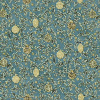 Stof Christmas 2025 - Christmas Stars 4592-018 Teal/Gold Holly and Christmas Ball by Stof Fabrics, Image