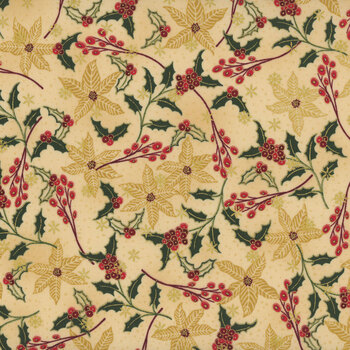 Stof Christmas 2025 - We Love Christmas 4592-203 Beige/Gold Poinsettias and Hollies by Stof Fabrics, Image