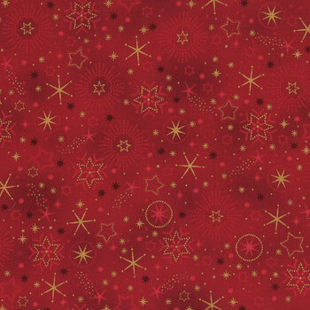 Stof Christmas 2025 - We Love Christmas 4592-411 Berry/Gold Stars and Snowflakes by Stof Fabrics, Image