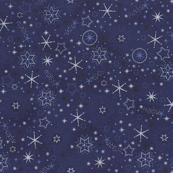 Stof Christmas 2025 - We Love Christmas 4592-602 Dark Blue/Silver Stars and Snowflakes by Stof Fabrics, Image