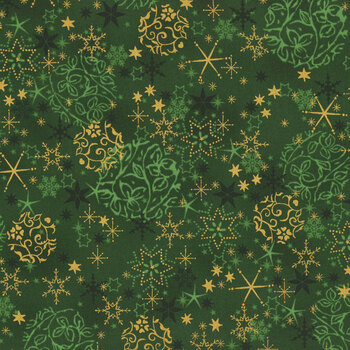 Stof Christmas 2025 - We Love Christmas 4592-800 Green/Gold Balls and Snowflakes by Stof Fabrics, Image