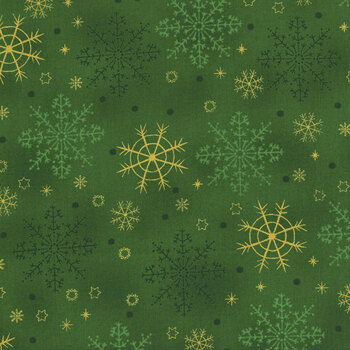 Stof Christmas 2025 - We Love Christmas 4592-811 Green/Gold Big Snowflakes by Stof Fabrics, Image