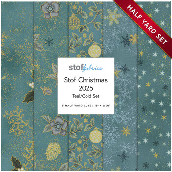 Stof Christmas 2025 - 5 Half Yard Set Teal/Gold by Stof Fabrics - RESERVE, Image