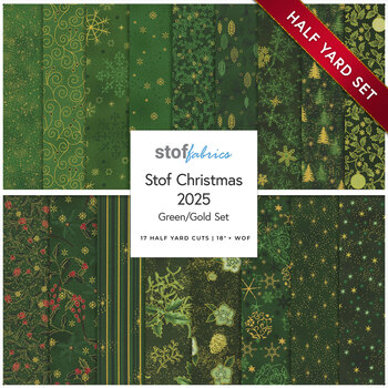 Stof Christmas 2025 - 17 Half Yard Set Green/Gold by Stof Fabrics - RESERVE, Image