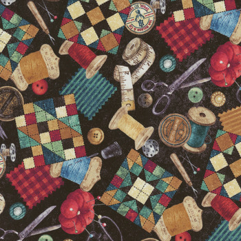 Stitchin' DP28343-99 Black Multi by Deborah Edwards for Northcott Fabrics, Image