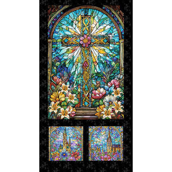 Faith in Full Color 2186P-79 Panel Turquoise/Black by City Art Studio for Henry Glass Fabrics, Image