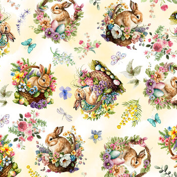 Basket Full of Blessings 2138-33 Butter by Catherine Bartoli for Henry Glass Fabrics, Image