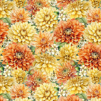 Dahlia Botanica 33924-587 Packed Floral Yellow/Orange by Nancy Mink for Wilmington Prints, Image