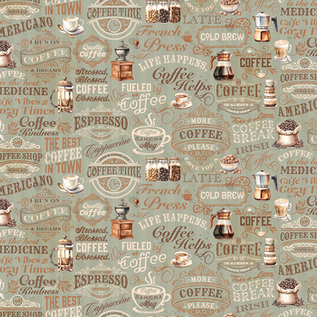 Coffee Time CD17132-SAGE Text by Riley Blake Designs, Image