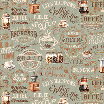 Coffee Time CD17132-SAGE Text by Riley Blake Designs, Image