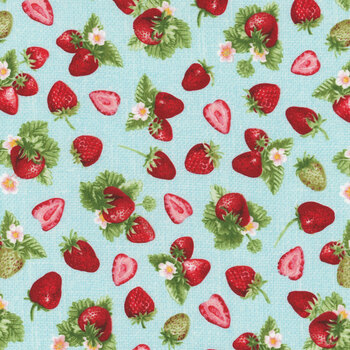 Berry Besties 2267-78 Blue/Multi Tossed Strawberries by Andrea Tachiera for Henry Glass Fabrics, Image