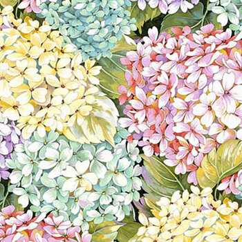 Blissful Blooms 3562-66 Green Multi Hydrangeas by Color Principle for Henry Glass Fabrics, Image