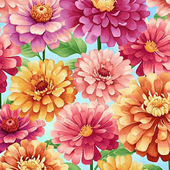 Blissful Blooms 3566-11 Sky Multi Zinnias by Color Principle for Henry Glass Fabrics, Image