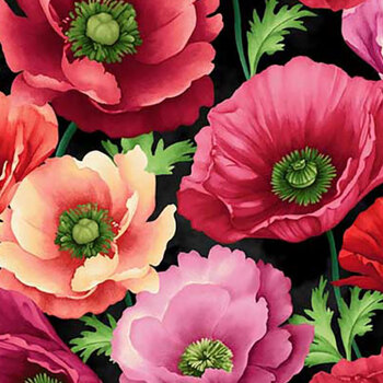 Blissful Blooms 3567-99 Black Poppies by Color Principle for Henry Glass Fabrics, Image